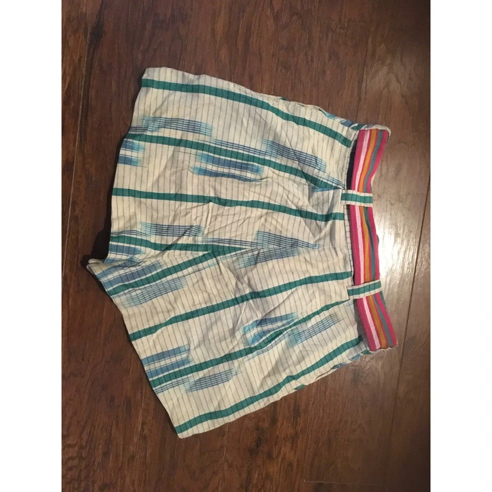 Urban Outfitters Ikat Plaid High Waisted Shorts Teal Blue Striped Belt Womens 10